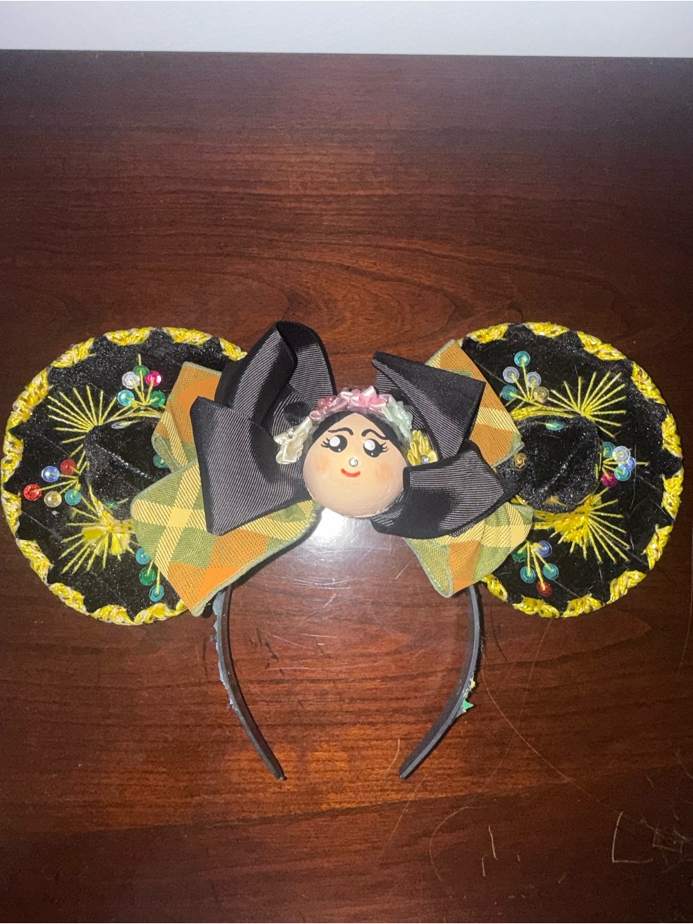 Handcrafted Black and Yellow Embroidered Ear Headband with Bow